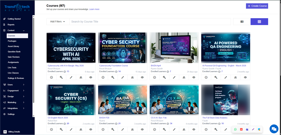 Transfotech Academy LMS showing 97 courses