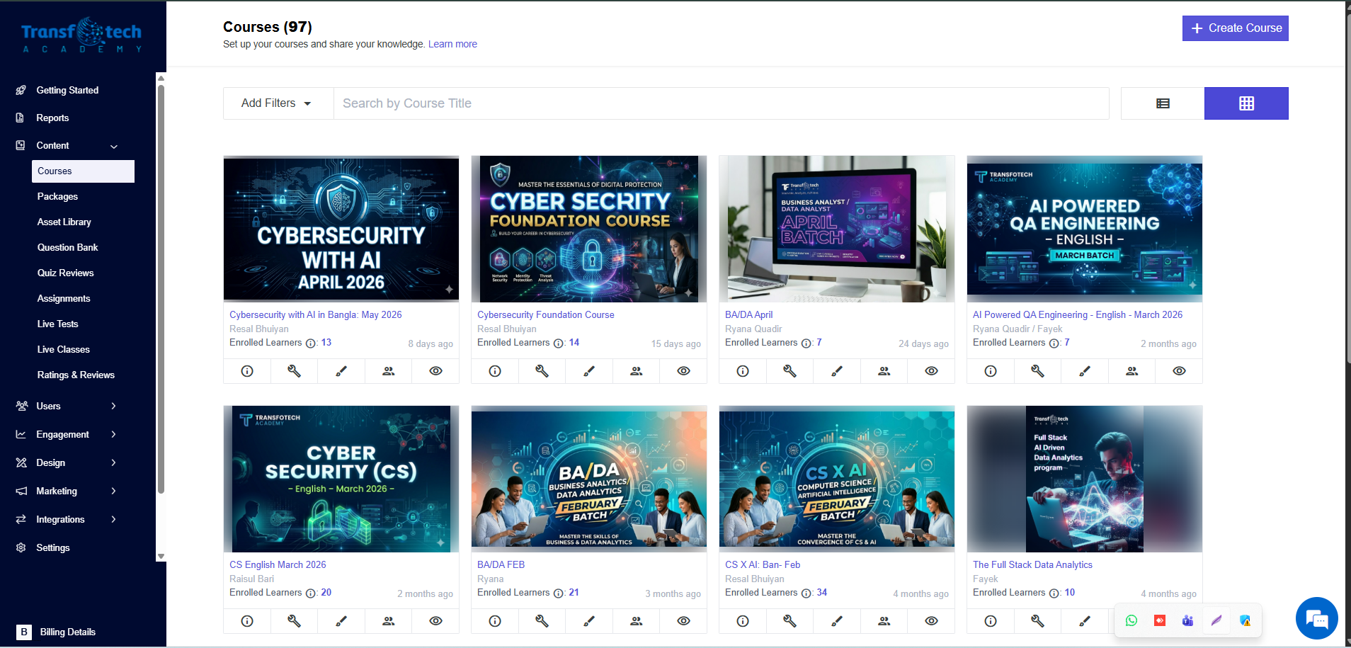 Transfotech Academy LMS showing 97 courses