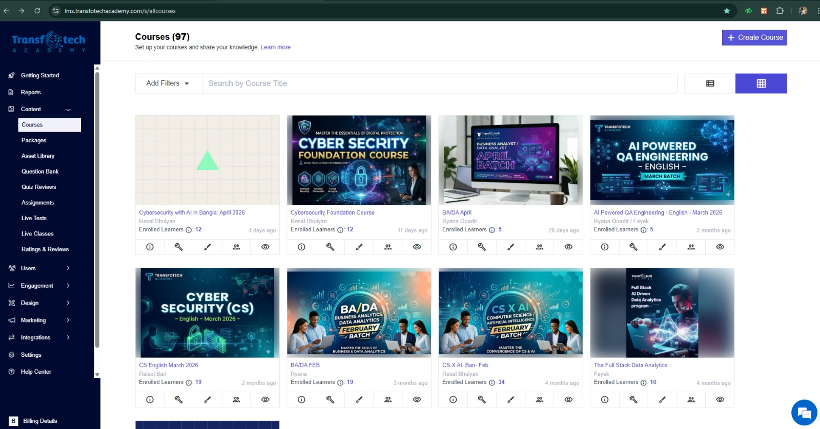 Transfotech Academy LMS showing 97 courses