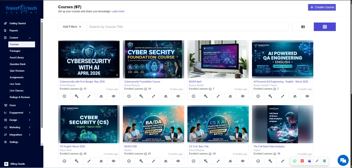 Transfotech Academy LMS showing 97 courses